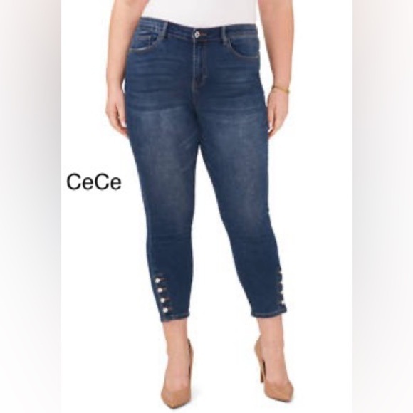 CeCe Denim - CeCe Plus Size High-Rise Indigo Denim Pearl Button Hem Skinny Jeans 24W